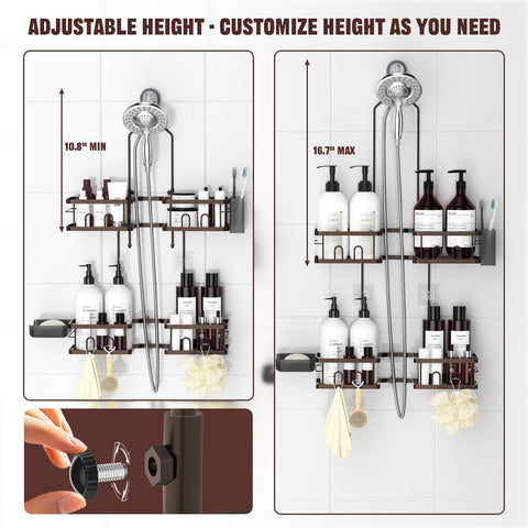 Reinhardt bronze shower caddy mounted on showerhead for easy access.