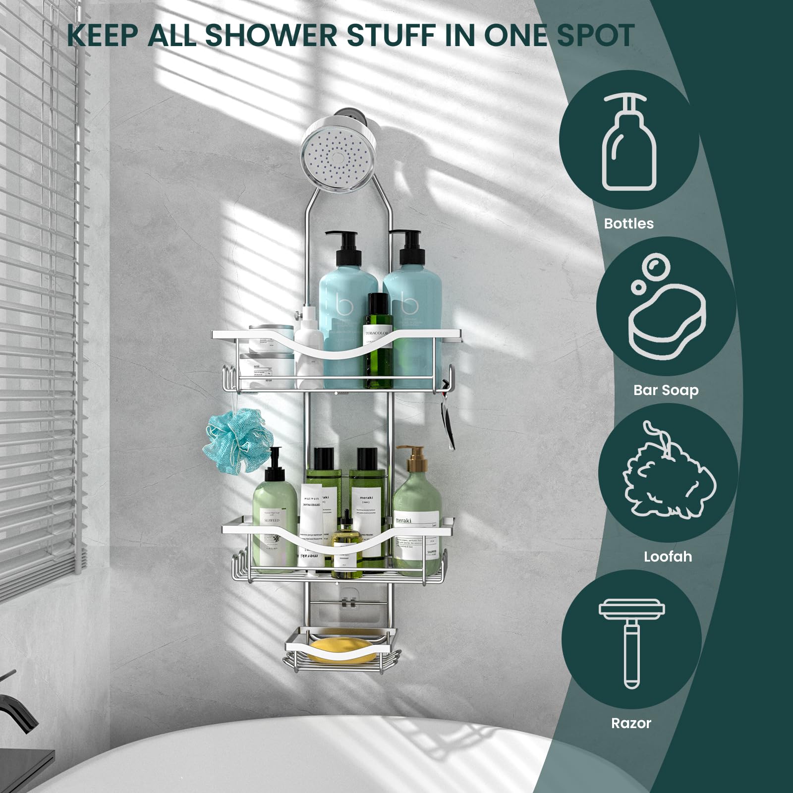 Reinhardt multiple hooks organize towels, razors, and bath accessories