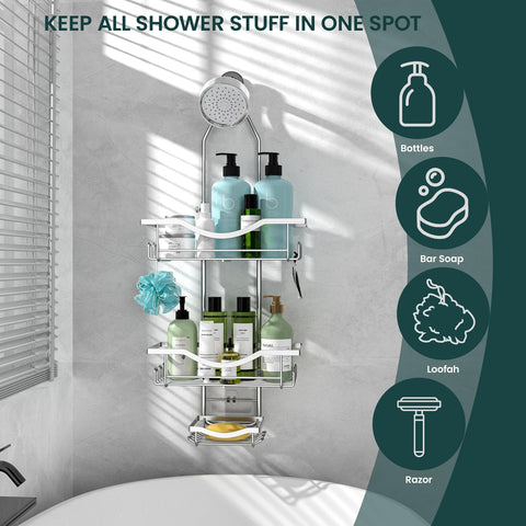 Reinhardt multiple hooks organize towels, razors, and bath accessories