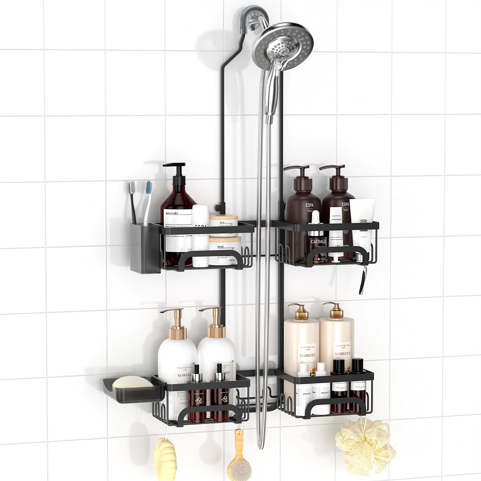REINHARDT shower caddy over-head design keeps bath essentials easily reachable