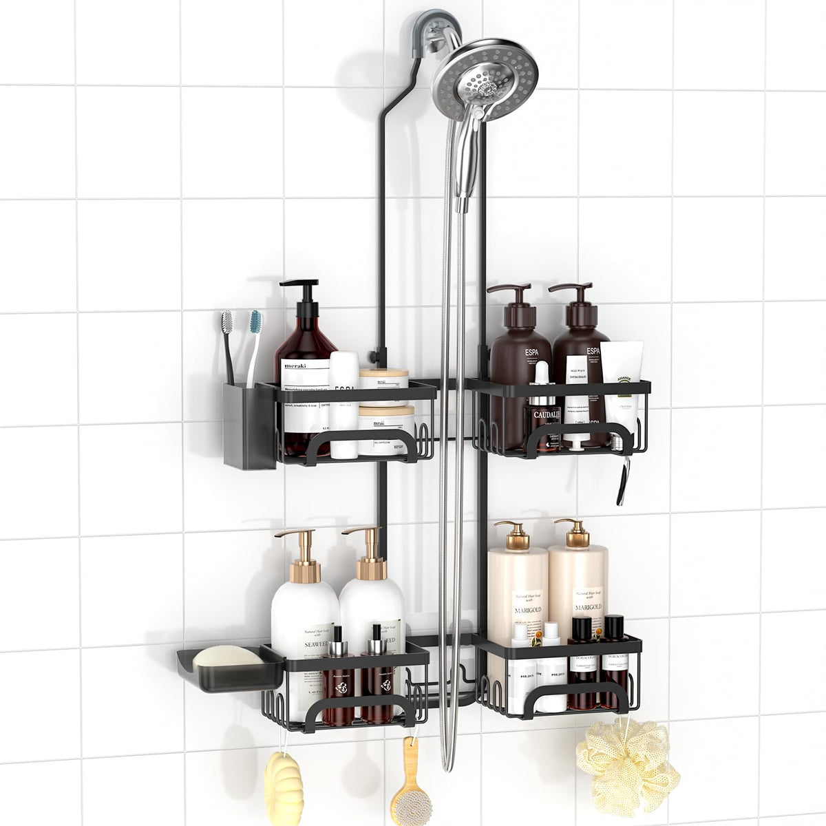 REINHARDT shower caddy over-head design keeps bath essentials easily reachable