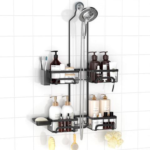REINHARDT shower caddy over-head design keeps bath essentials easily reachable