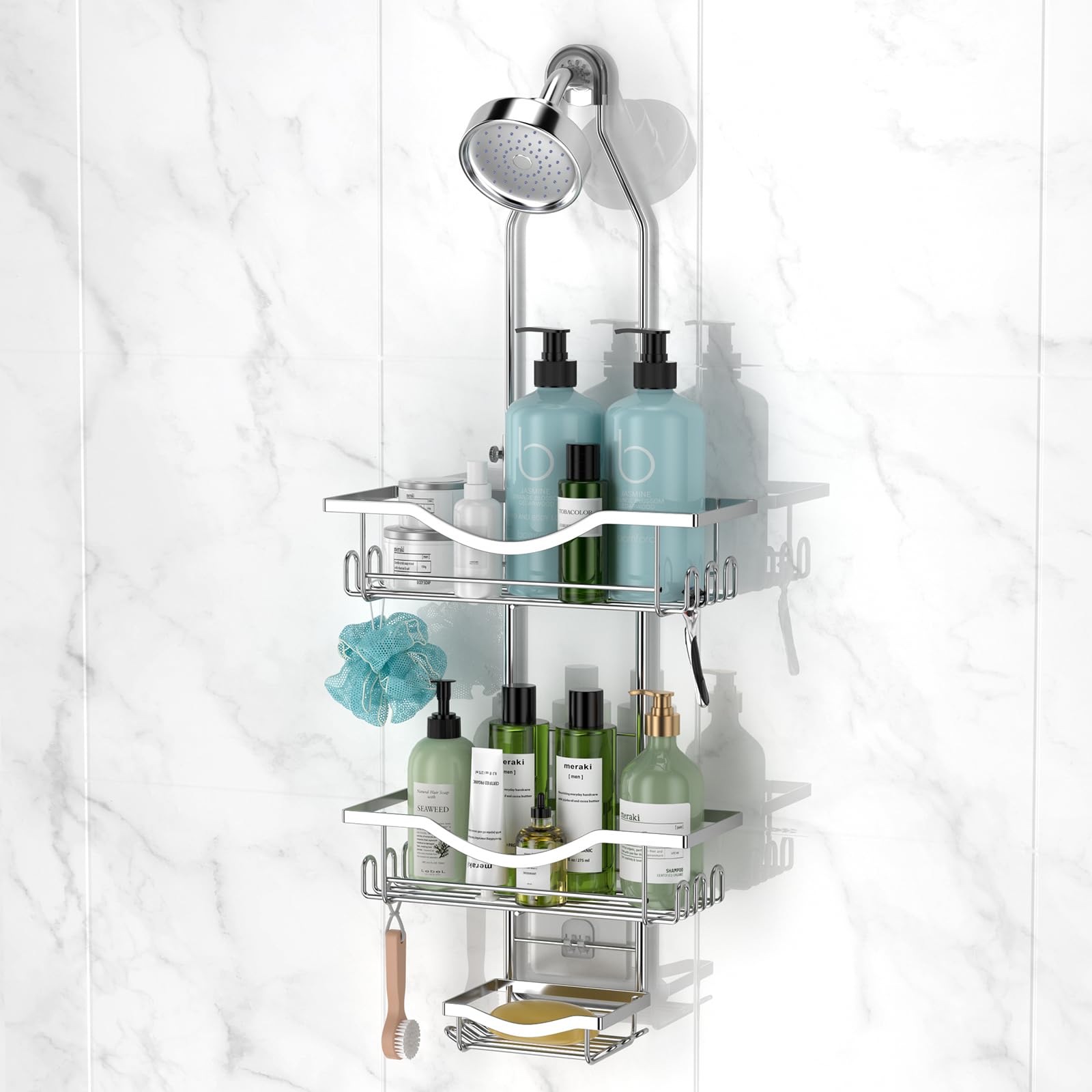 Reinhardt shower caddy over shower head keeps toiletries within easy reach