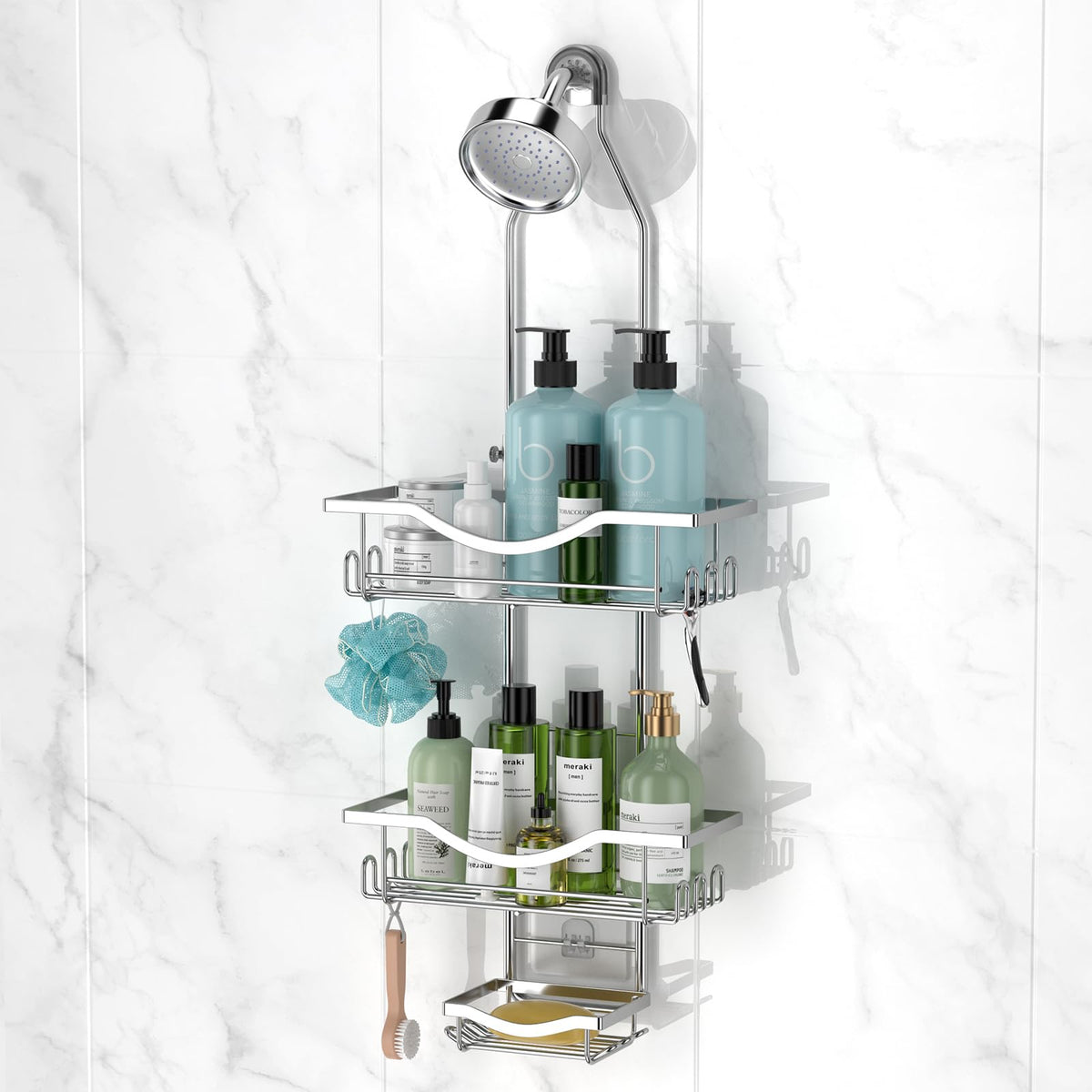 Reinhardt shower caddy over shower head keeps toiletries within easy reach