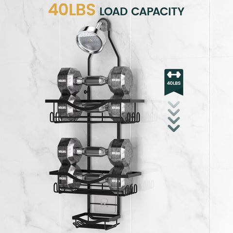 REINHARDT over-shower-head caddy provides quick access to toiletries