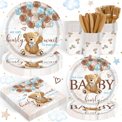 Rejoice Bunny bear baby shower dinner plates show blue bears for boy-themed celebrations
