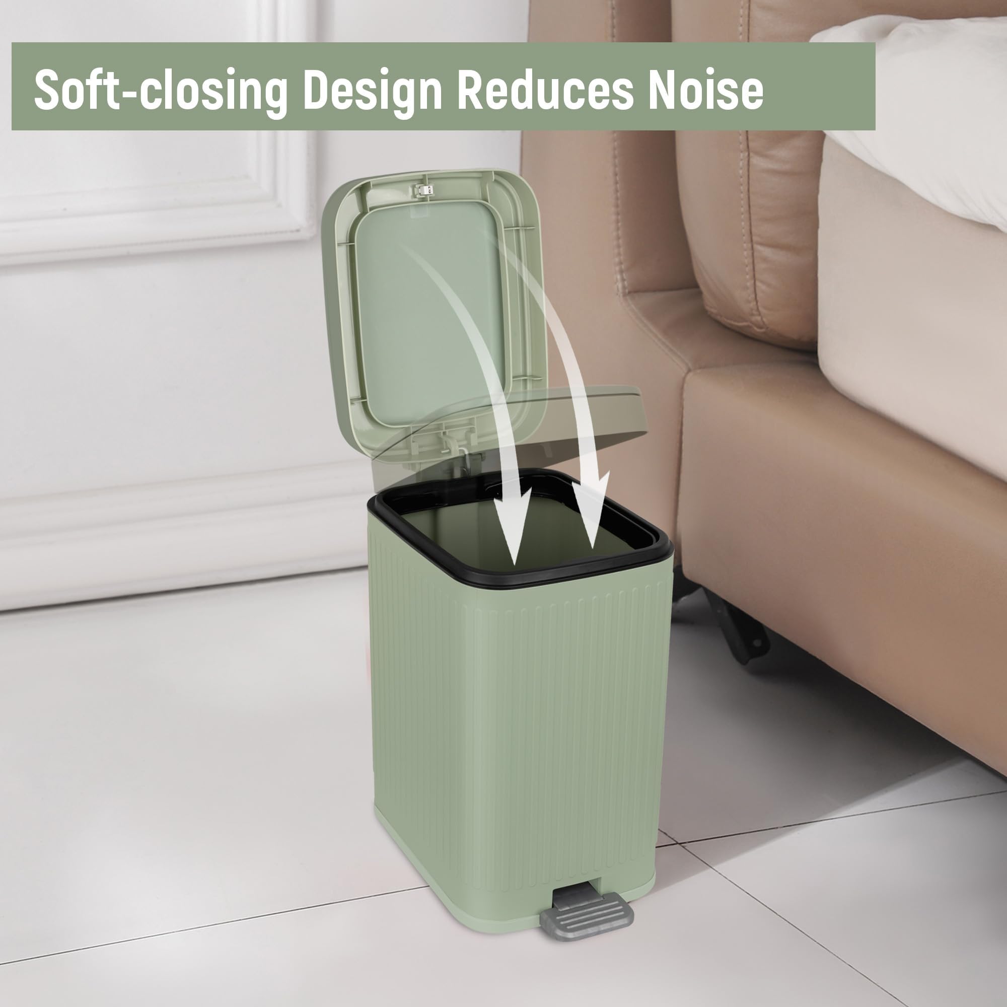 rejomiik soft-close lid in action minimizes noise and keeps odors hidden