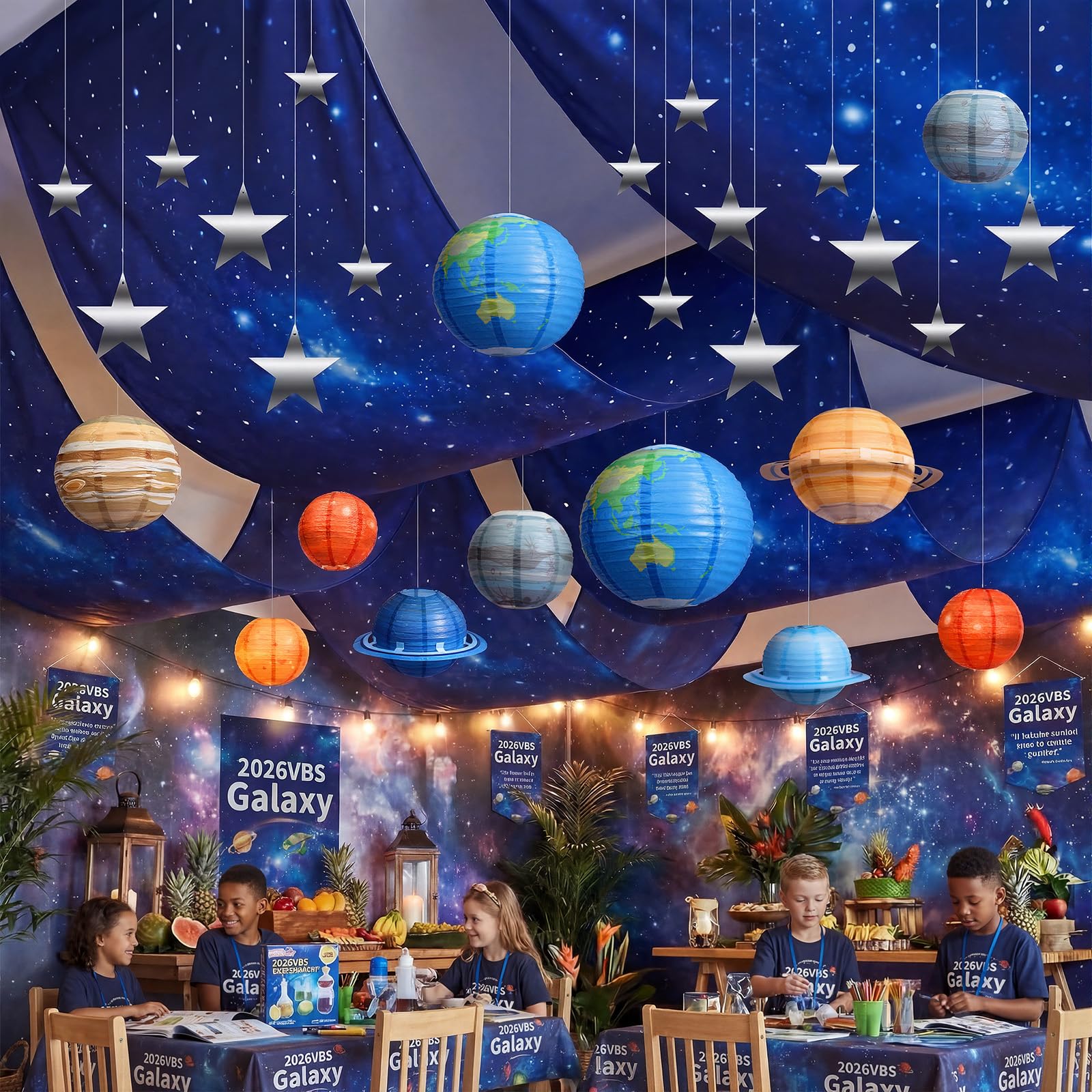 Relaxgiant silver star ornaments add twinkling depth to ceiling display
