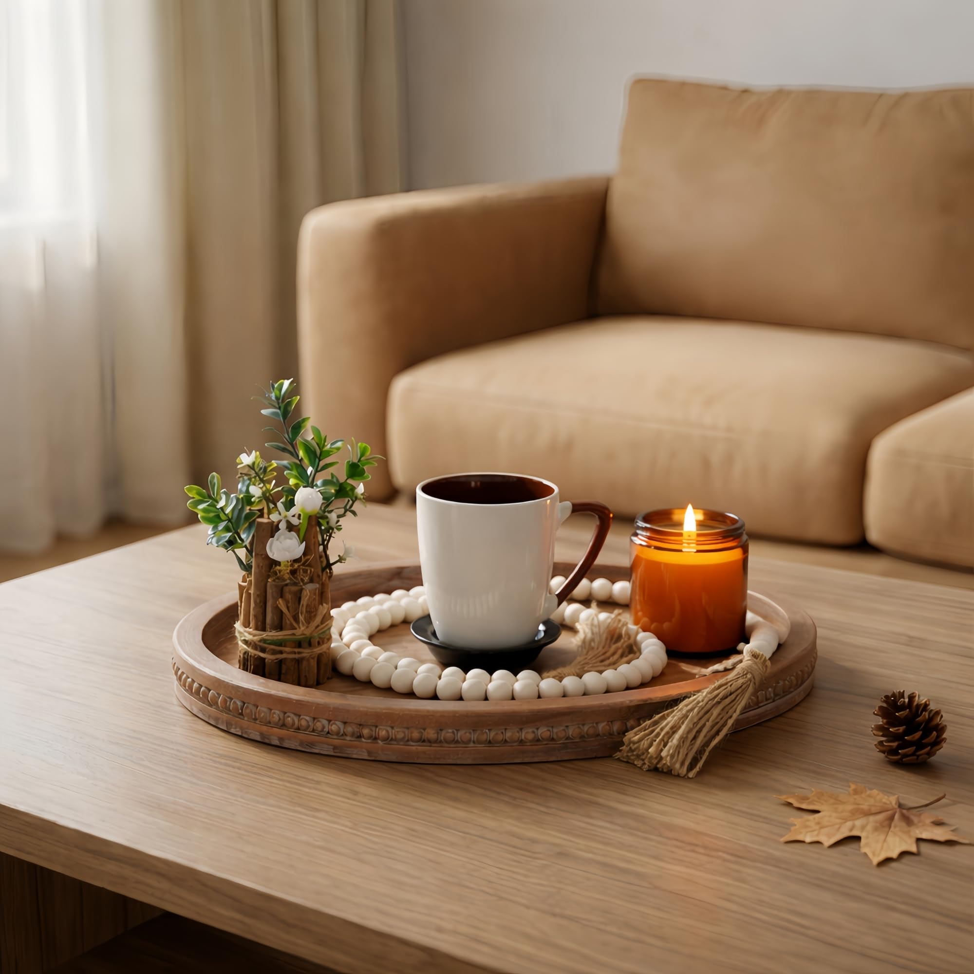 Relaxing Garden rustic finish tray complements neutral tones and natural textures.