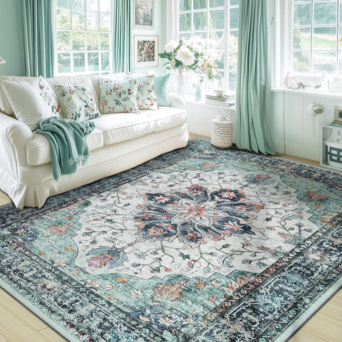 RELEANY 5x7 washable area rug with floral medallion pattern, easy to clean.