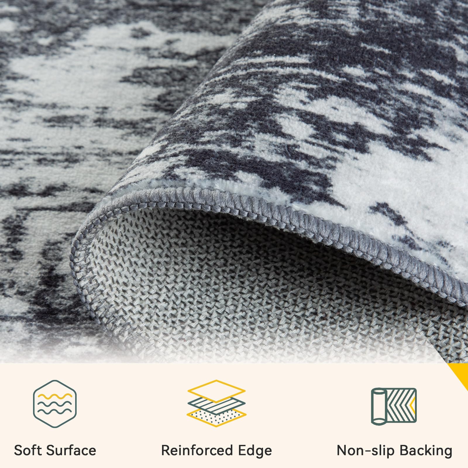 RELEANY abstract print rug showcases modern design and color accents.