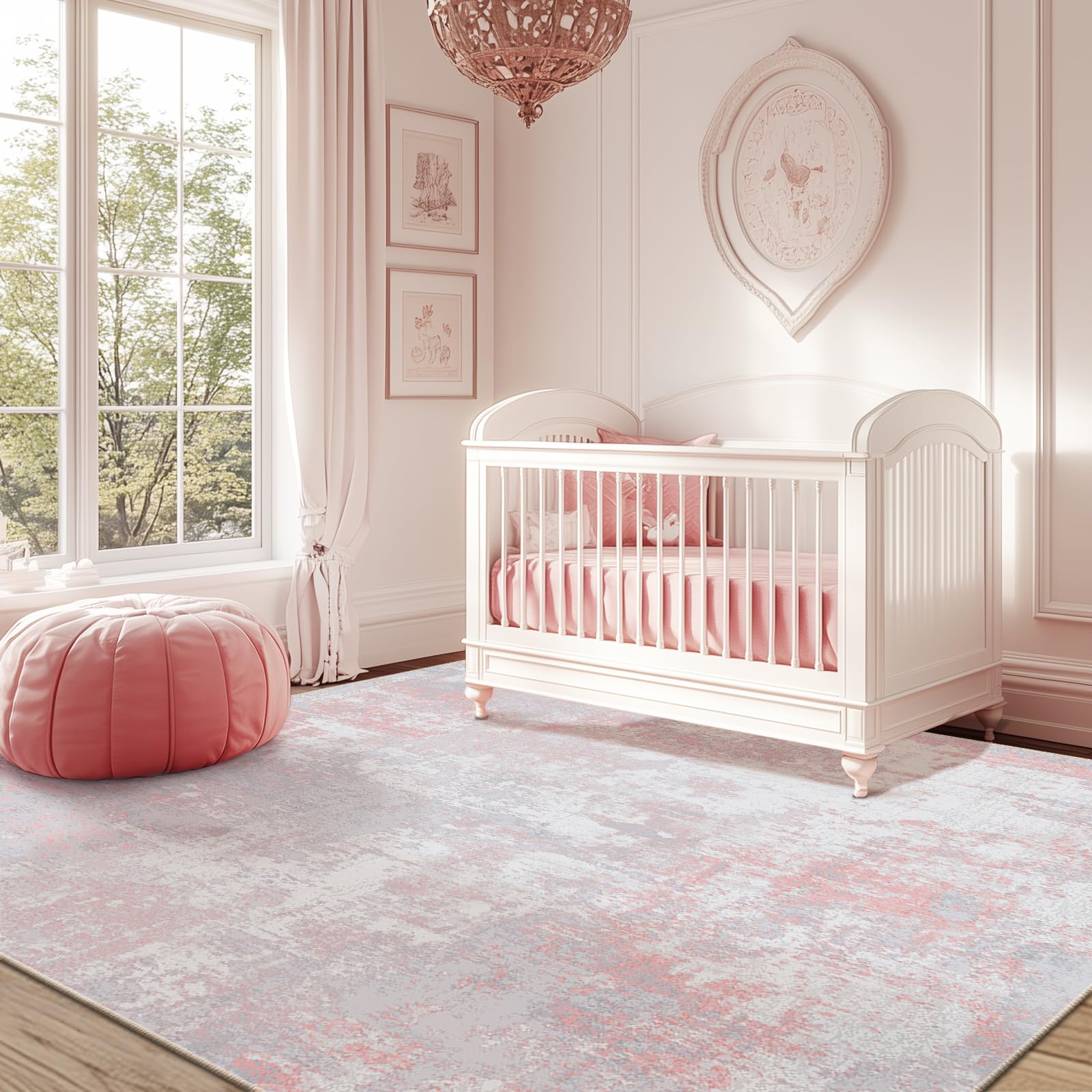 RELEANY abstract rug pattern in gray-pink enhances modern living room decor