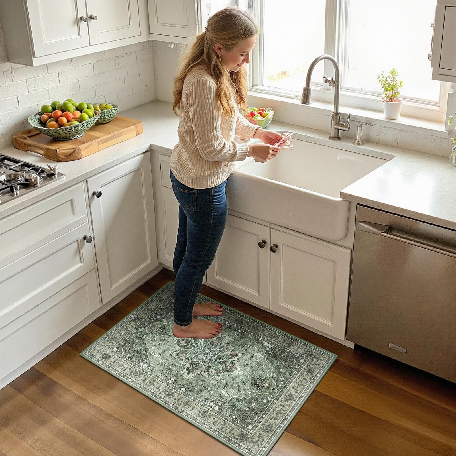 RELEANY area rug bathroom doorstep image shows easy-care and moisture resistance.