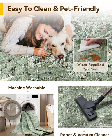 RELEANY area rug machine washable icon demonstrates easy cleaning after spills.