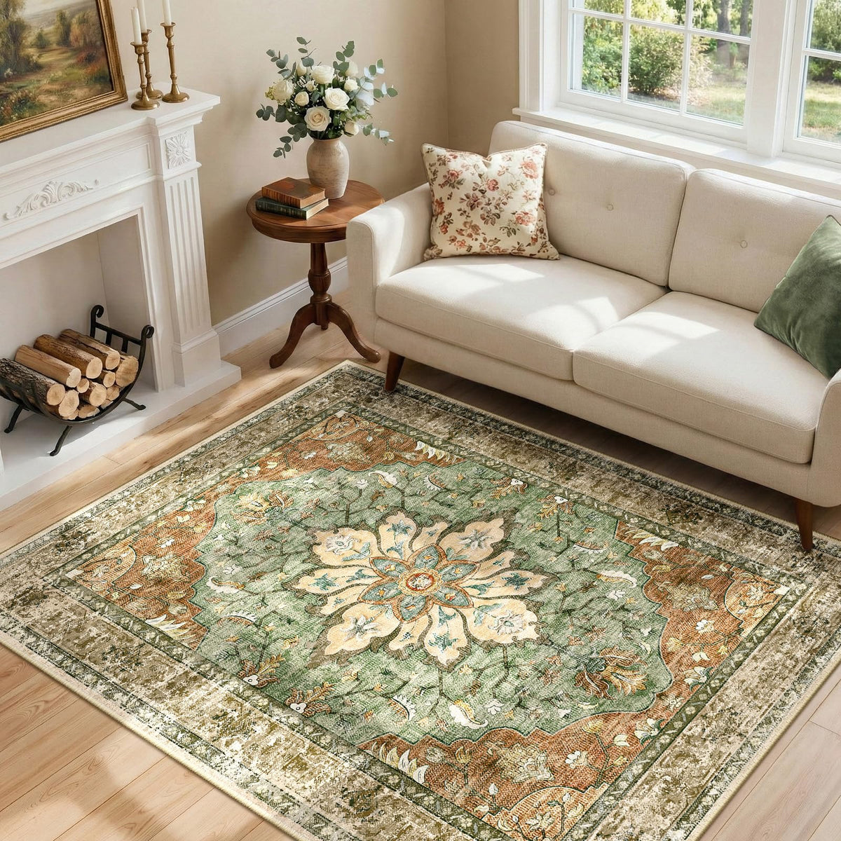 RELEANY area rug 4x6 washable non slip floral medallion for living rooms