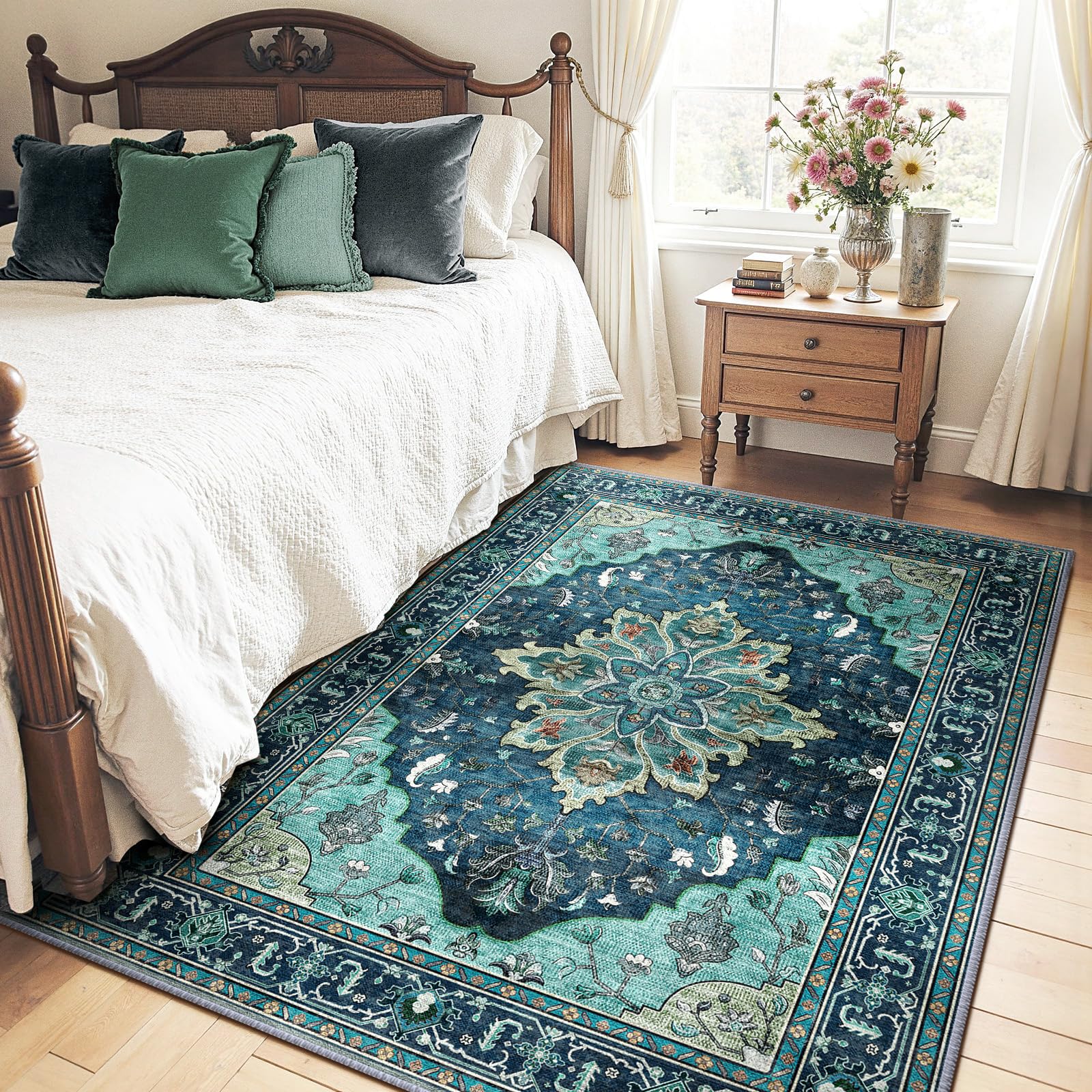 RELEANY area rug distressed floral pattern in teal tones brightens living spaces.