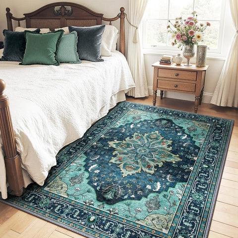 RELEANY area rug distressed floral pattern in teal tones brightens living spaces.