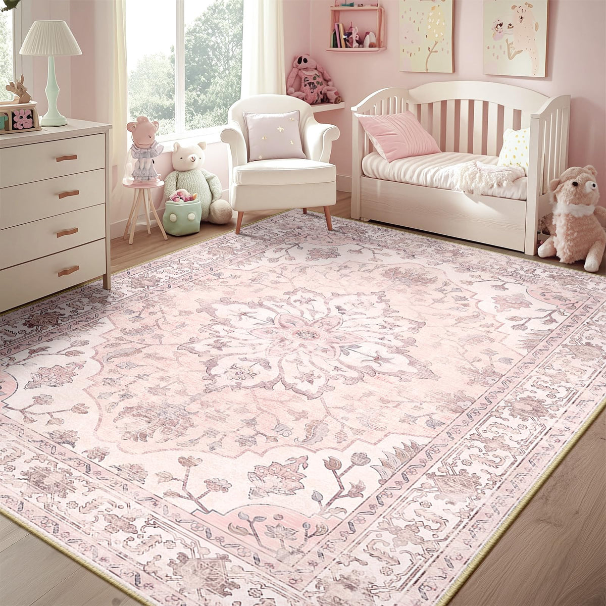 RELEANY area rug with floral distress pattern adds vintage charm and easy maintenance.