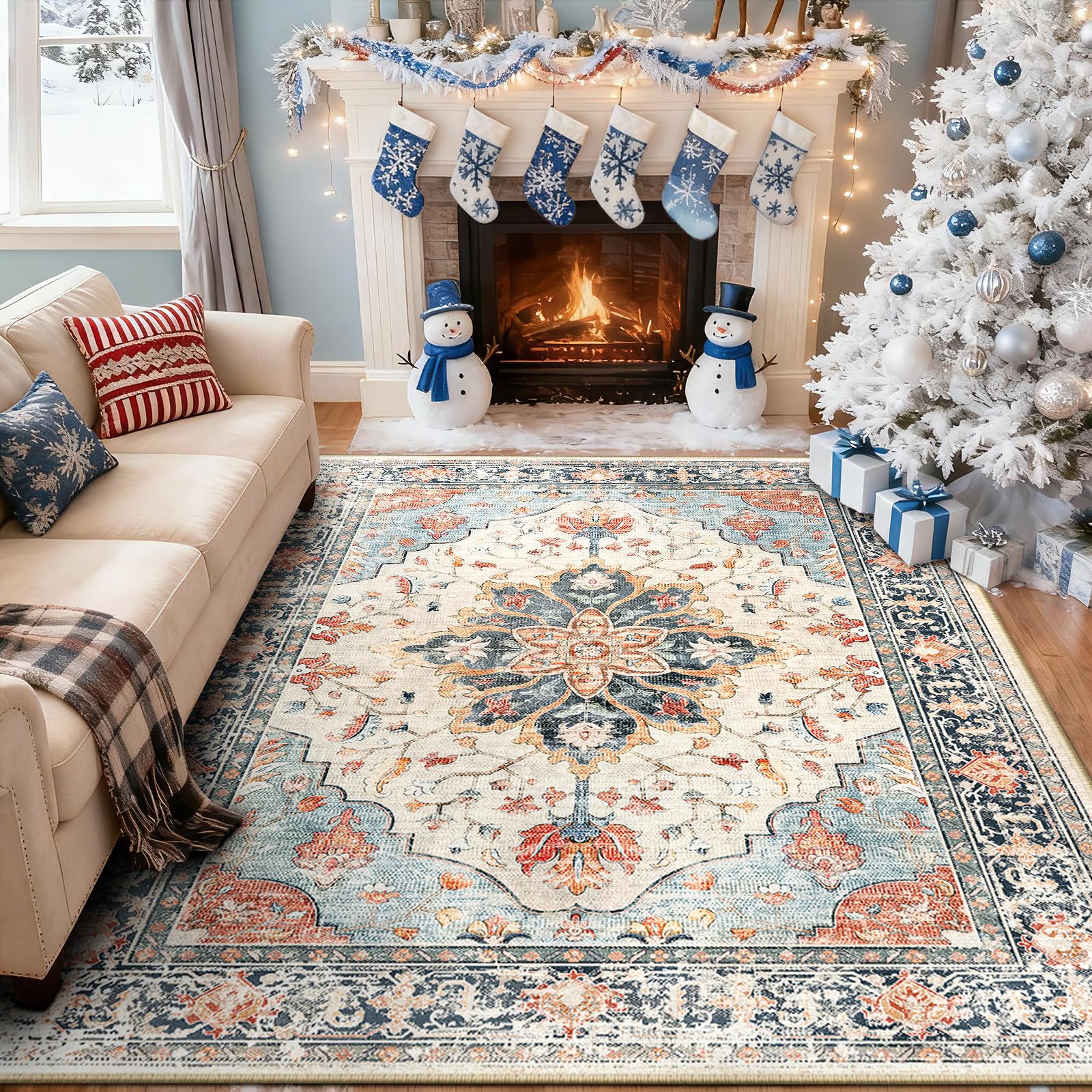 RELEANY medallion design rug in beige and navy enhances bedrooms and entryways