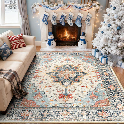 RELEANY medallion design rug in beige and navy enhances bedrooms and entryways