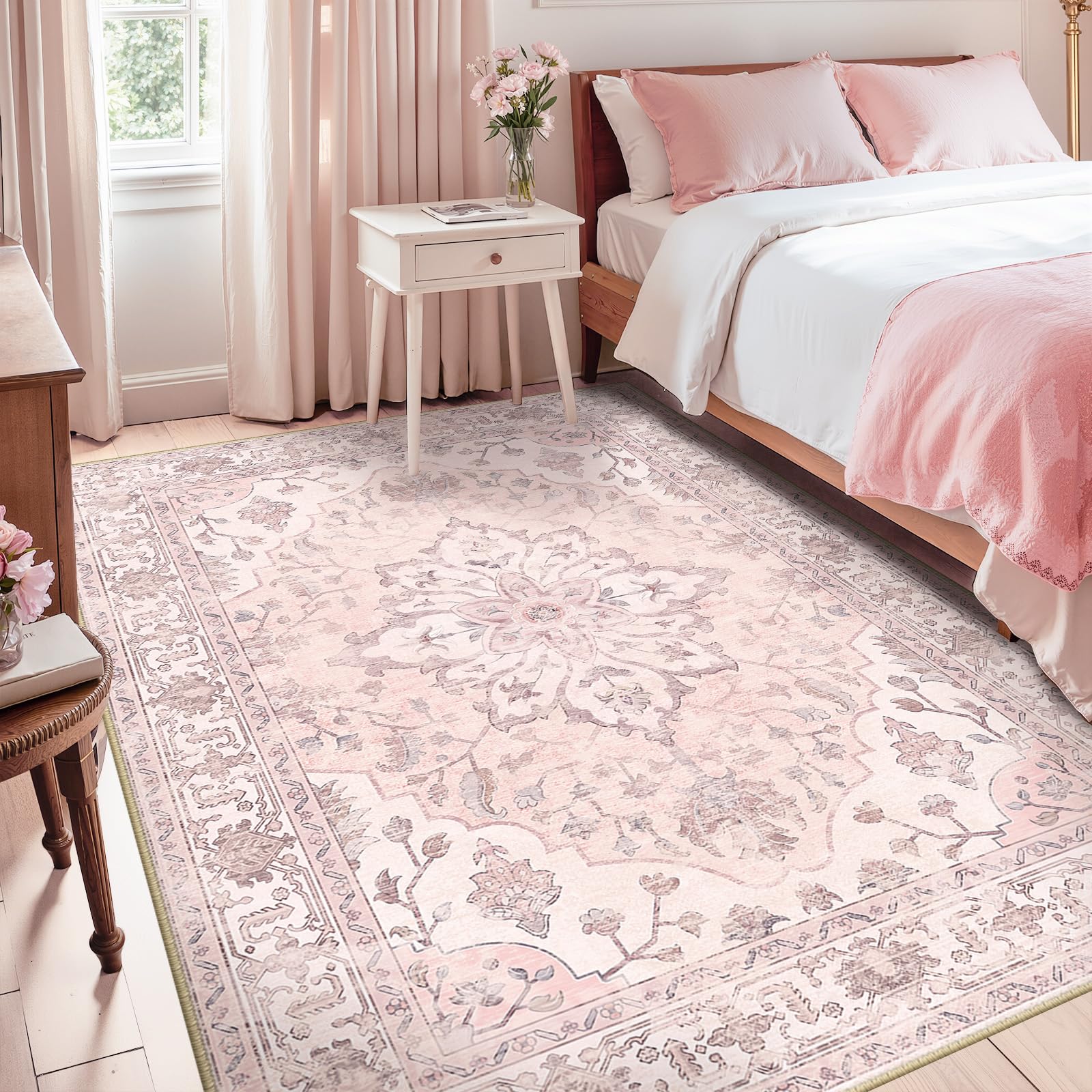 RELEANY area rug medallion pink grey, versatile centerpiece for living rooms and bedrooms.