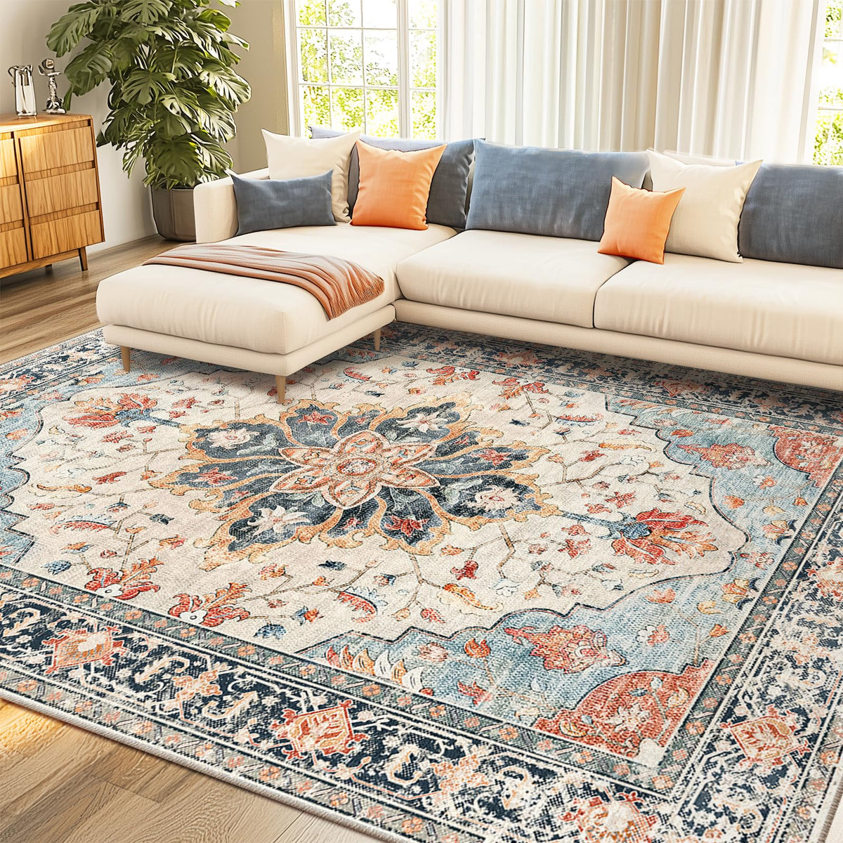 RELEANY area rug with beige and navy floral medallion for living rooms