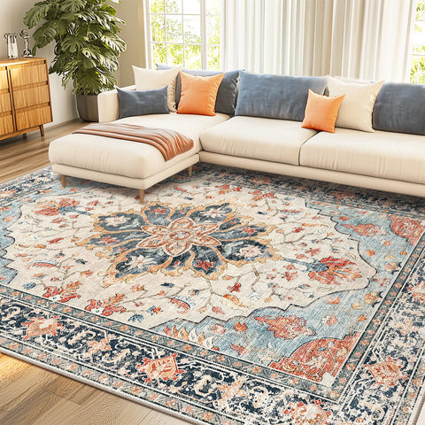 RELEANY area rug with beige and navy floral medallion for living rooms