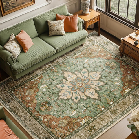RELEANY area rug with floral vintage distress medallion, non-slip backing for safe living spaces.