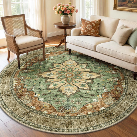 RELEANY area rug with medallion pattern adds warmth and visual depth to a living room.