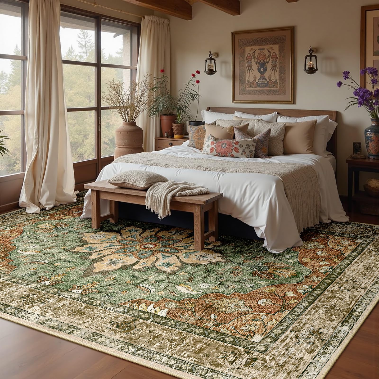 RELEANY area rug with non-slip backing keeps high-traffic areas stable.