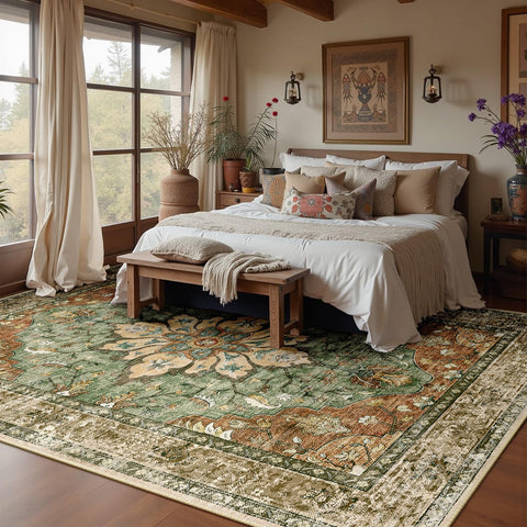RELEANY area rug with non-slip backing keeps high-traffic areas stable.