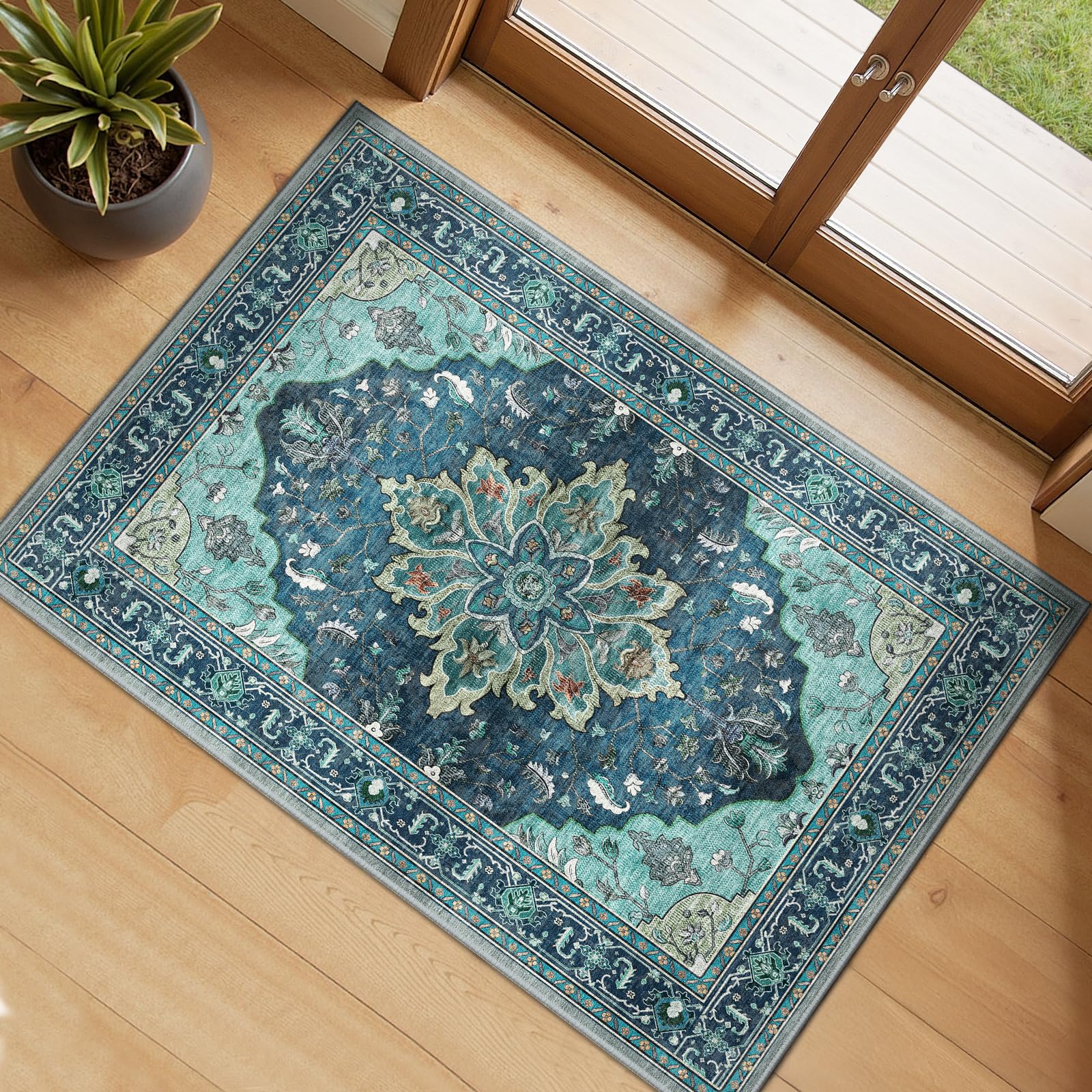 RELEANY area rug teal-green 2x3 offers a soft underfoot feel for busy entryways.