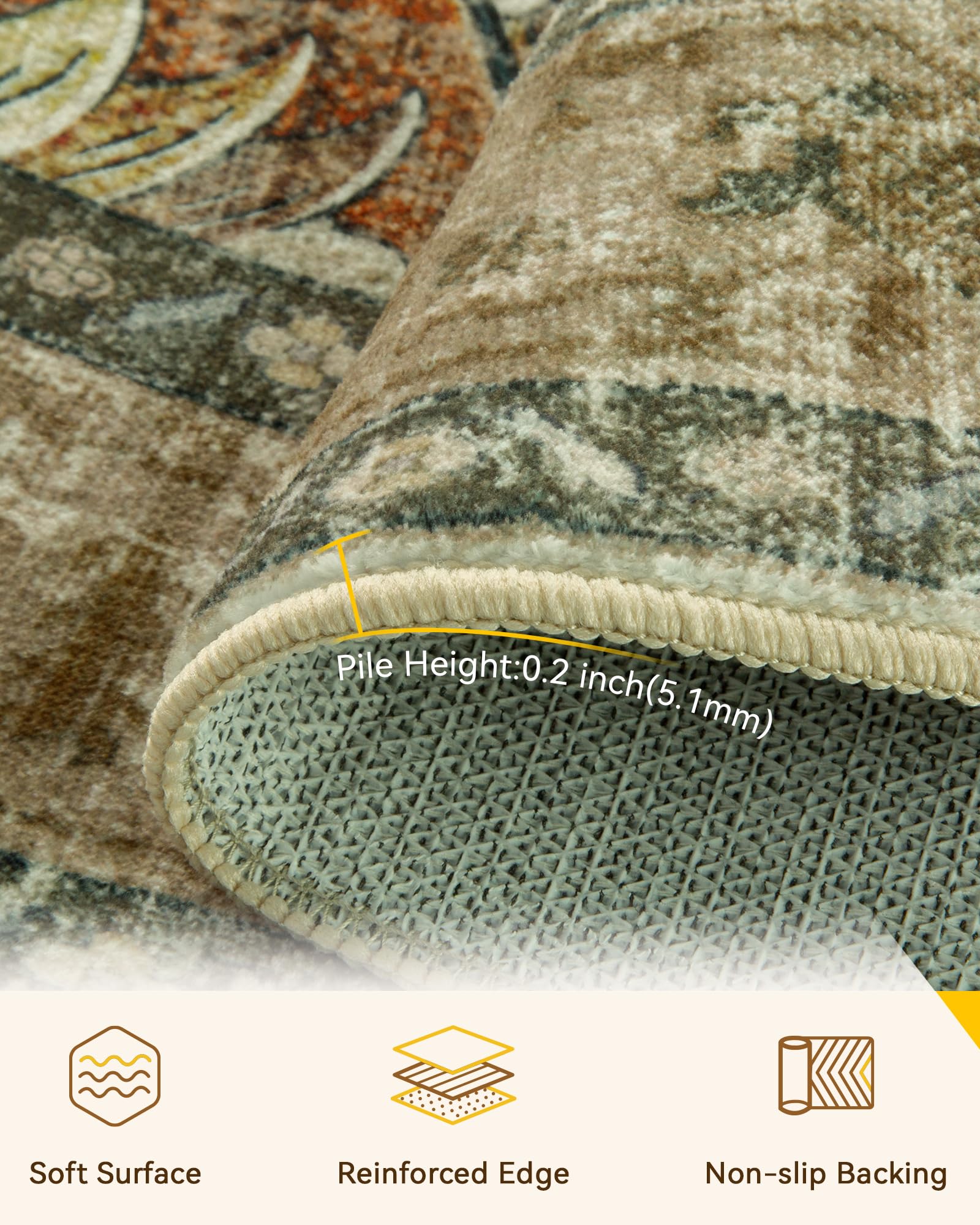 RELEANY rug emphasizes machine washable design for easy deep cleaning.