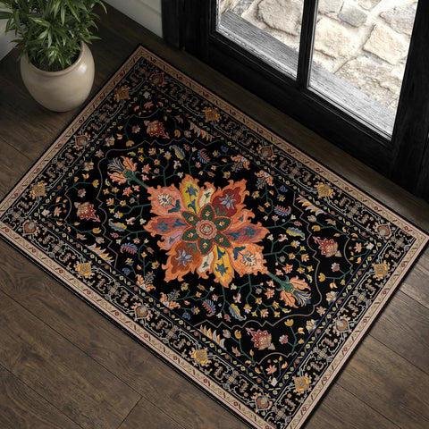 RELEANY area rug with black colorful floral pattern suitable for entryways and high-traffic areas