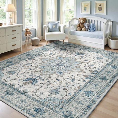 RELEANY Area Rug floral distress pattern enhances living room with soft comfort.