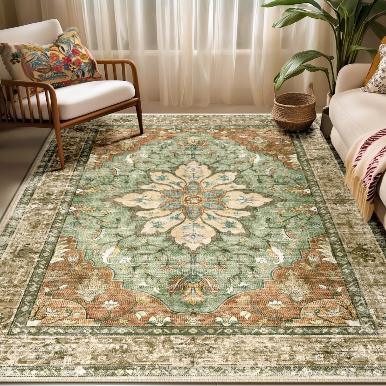 RELEANY area rug with brick red floral vintage medallion enhances living room warmth