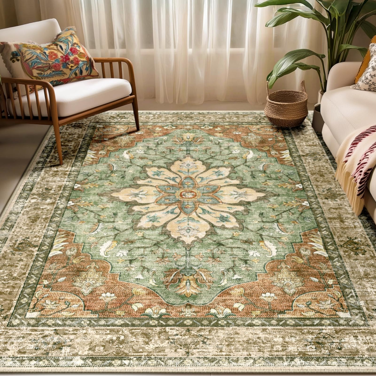 RELEANY area rug with brick red floral vintage medallion enhances living room warmth