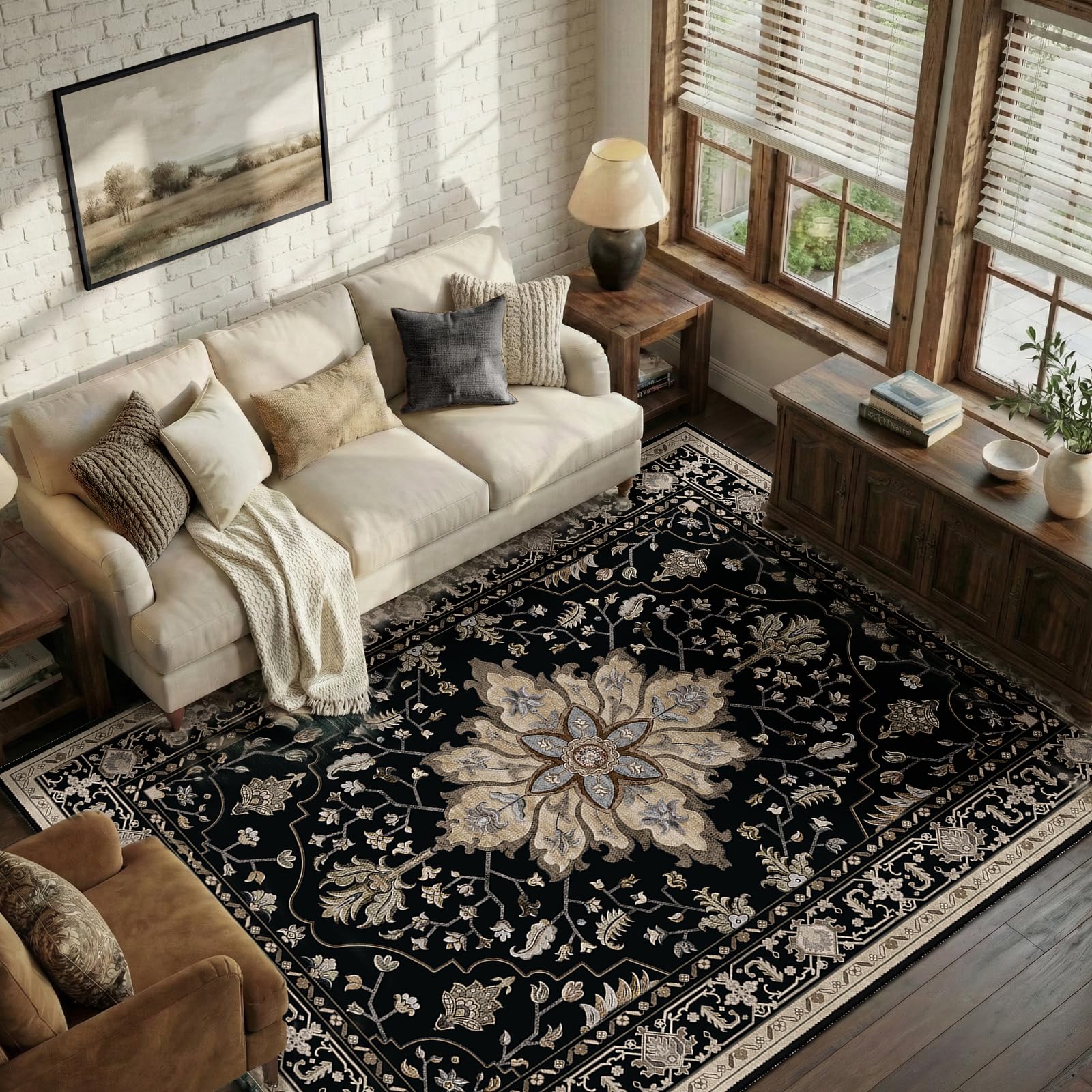 RELEANY area rug 5x7 with washable non-slip floral medallion, ideal for busy homes.