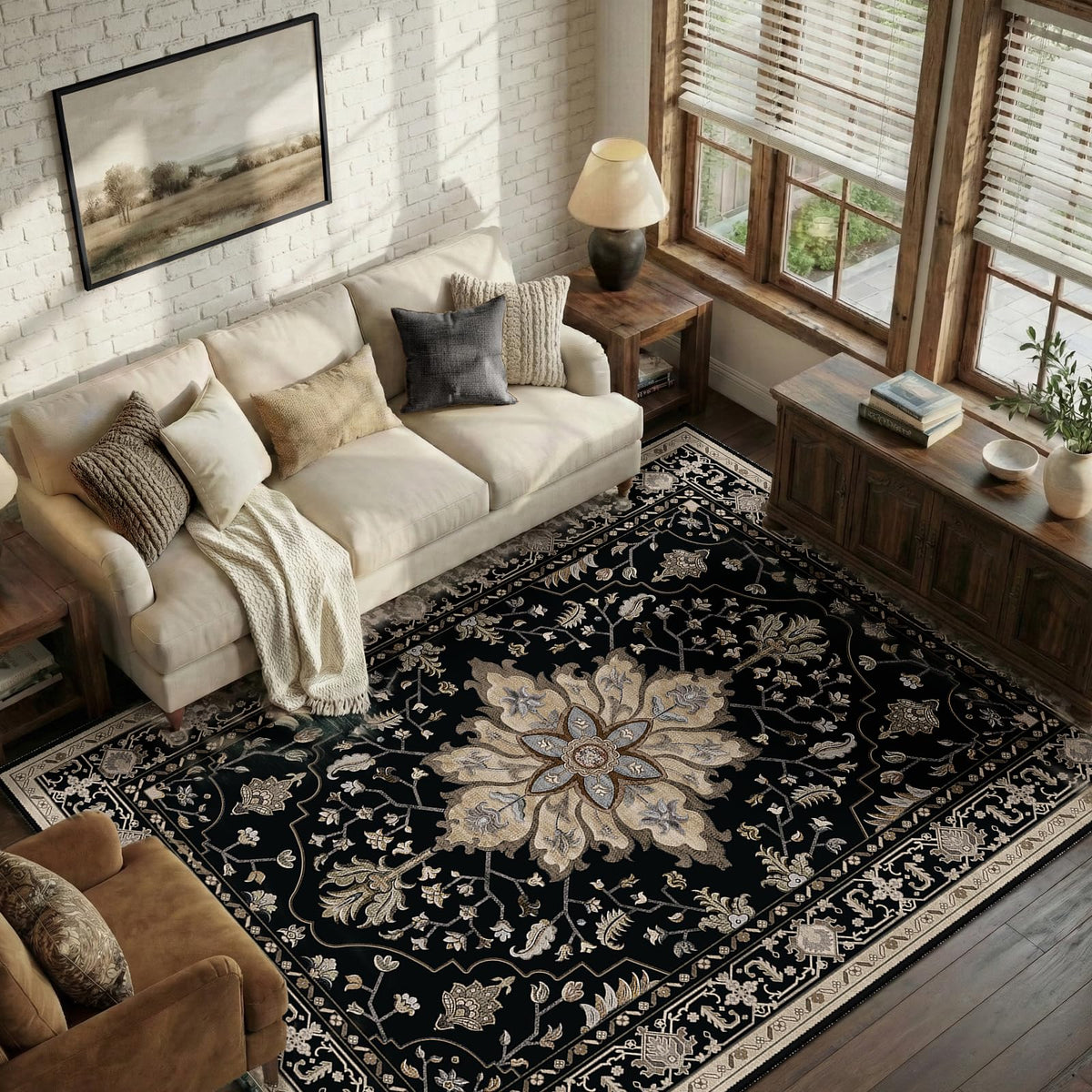 RELEANY area rug 5x7 with washable non-slip floral medallion, ideal for busy homes.