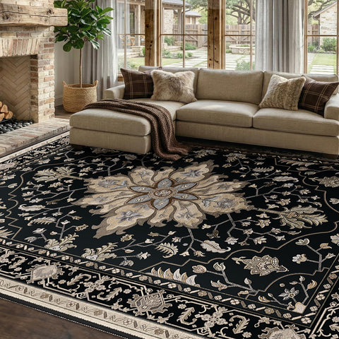 RELEANY rug in living room and dining room setup, elevating decor with timeless floral tones.