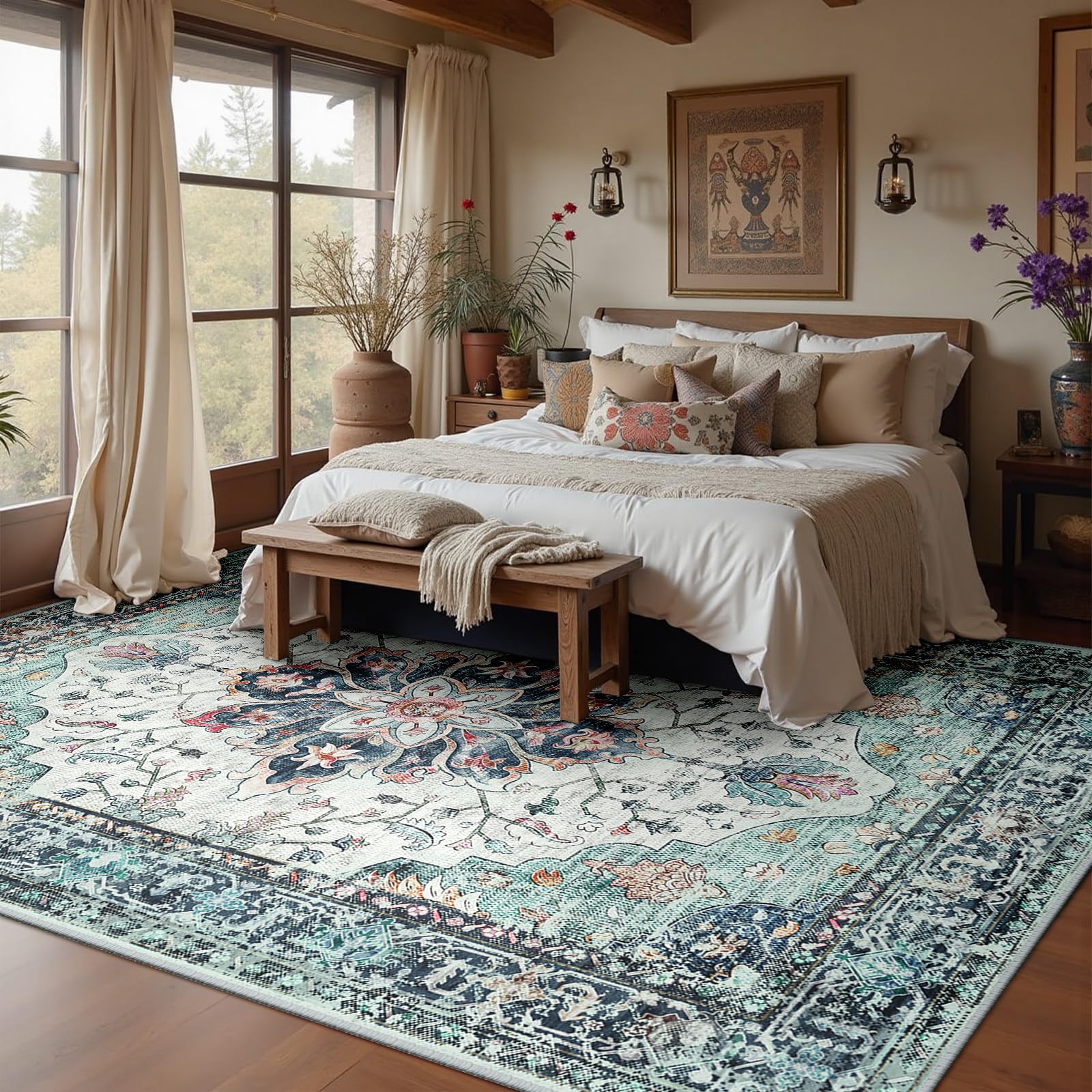 RELEANY area rug with floral medallion enhances peaceful bedroom atmosphere