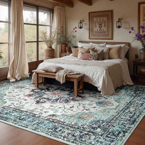 RELEANY area rug with floral medallion enhances peaceful bedroom atmosphere