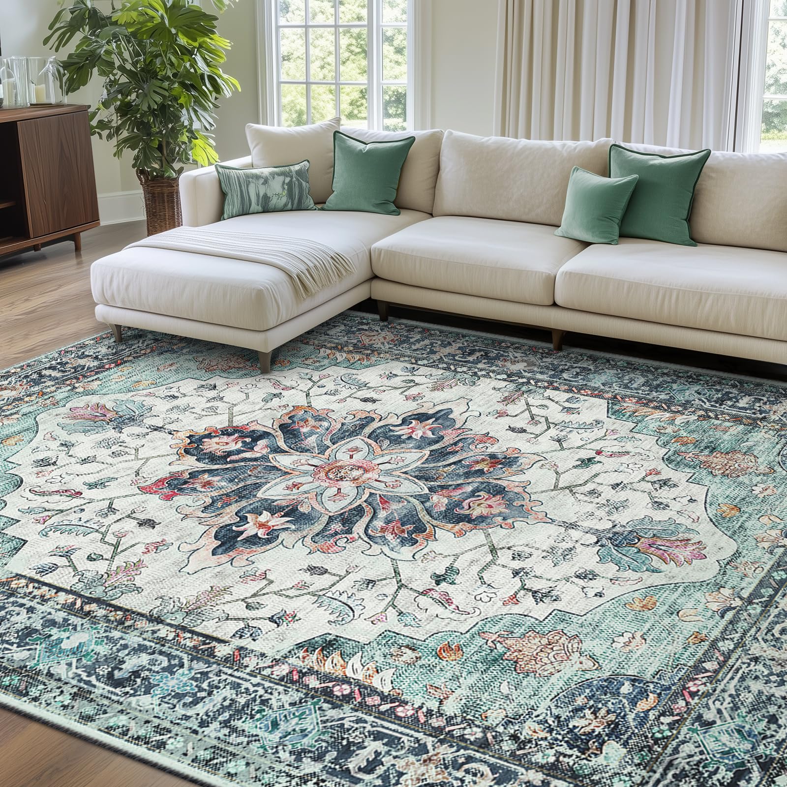 RELEANY floral medallion rug in living room style with non-slip backing for safety