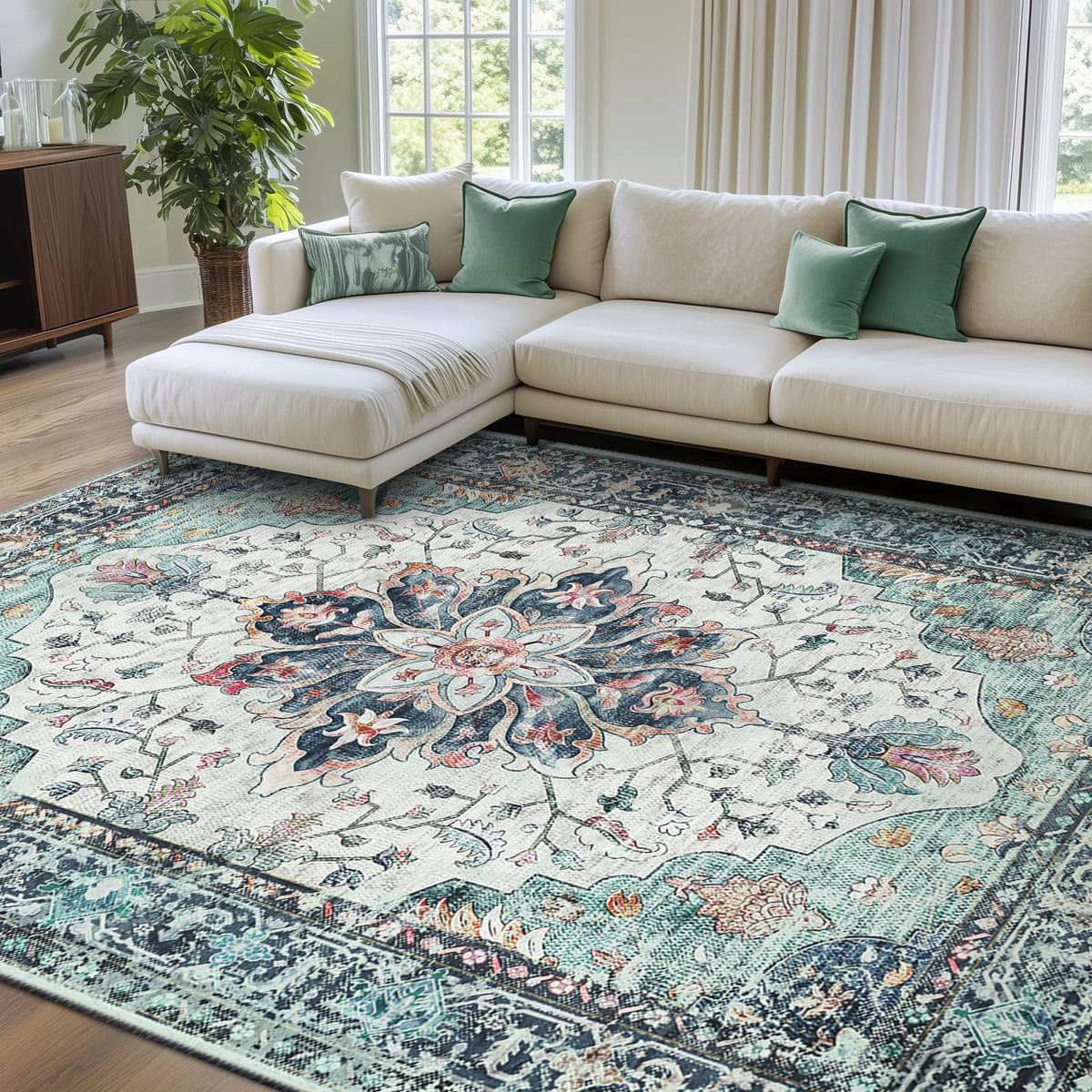 RELEANY floral medallion rug in living room style with non-slip backing for safety