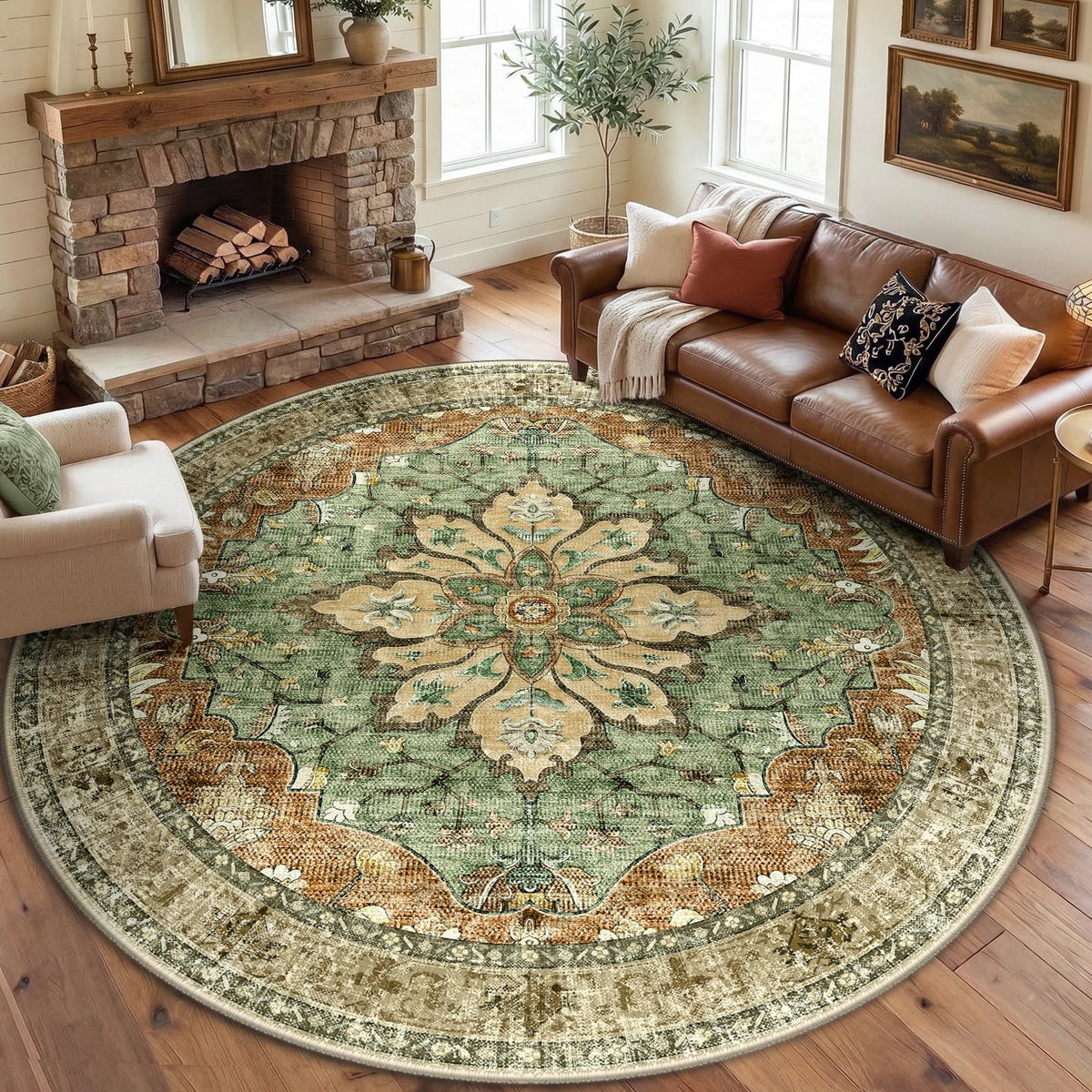 RELEANY area rug brick red medallion close up showing durable, washable fibers for living rooms