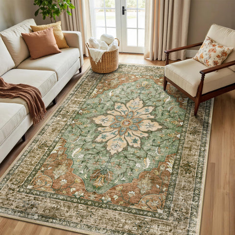 RELEANY area rug with washable non-slip surface keeps living spaces clean and safe.