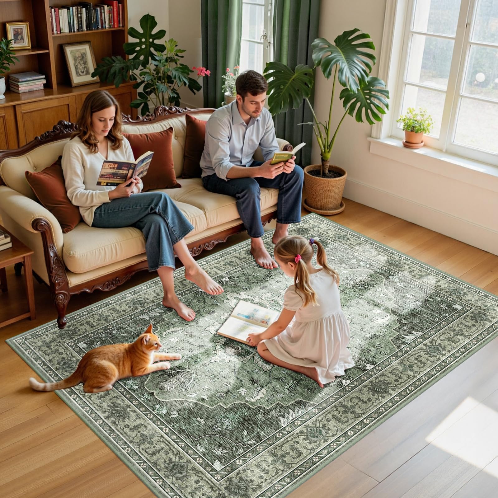 RELEANY dark green gray rug adds vintage charm to living rooms and bedrooms