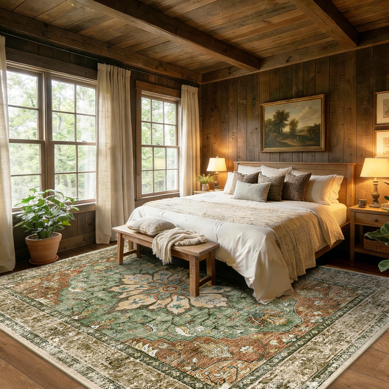RELEANY distressed-print rug with soft texture enhances warm, inviting spaces.