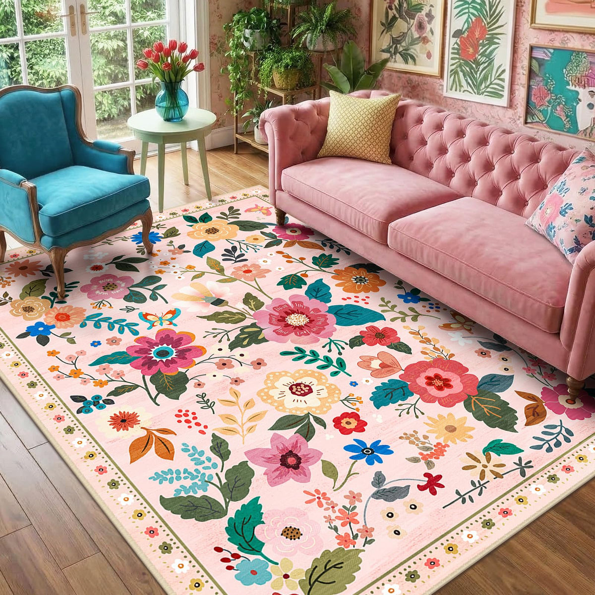 RELEANY Floral rug closeup pattern enhances vintage boho charm with vibrant petals