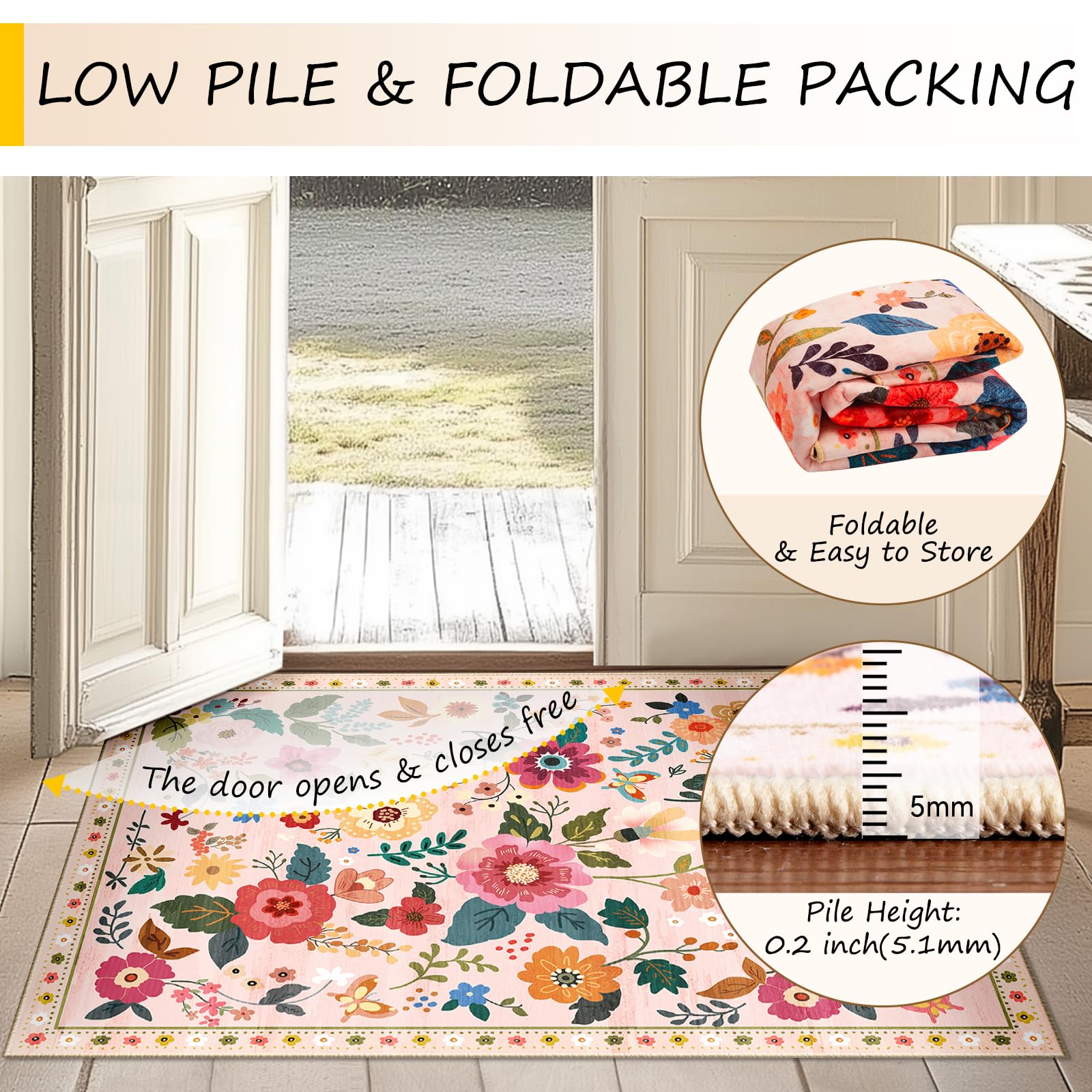 RELEANY Floral rug low-pile design fits under doors and furniture